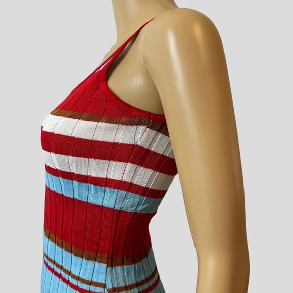 Women Ribbed Woven Bodycon Dress Small S Blue Red White Stretch Wide Stripes - Picture 8 of 15
